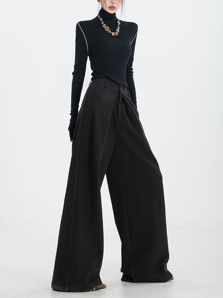 Thick Black Wide-Leg Pants with Loose Draped Pleated Design - Casual Trousers for Autumn and Winter, Urban Street Style Fashion