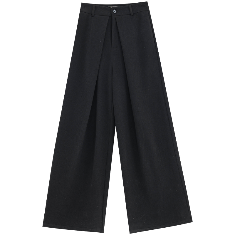 Thick Black Wide-Leg Pants with Loose Draped Pleated Design - Casual Trousers for Autumn and Winter, Urban Street Style Fashion