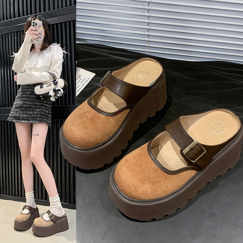 Thick-Soled Closed-Toe Slip-On Mary Jane Slippers for Women, Height Increase 8cm, Summer 2025 Outdoor Fashion Footwear