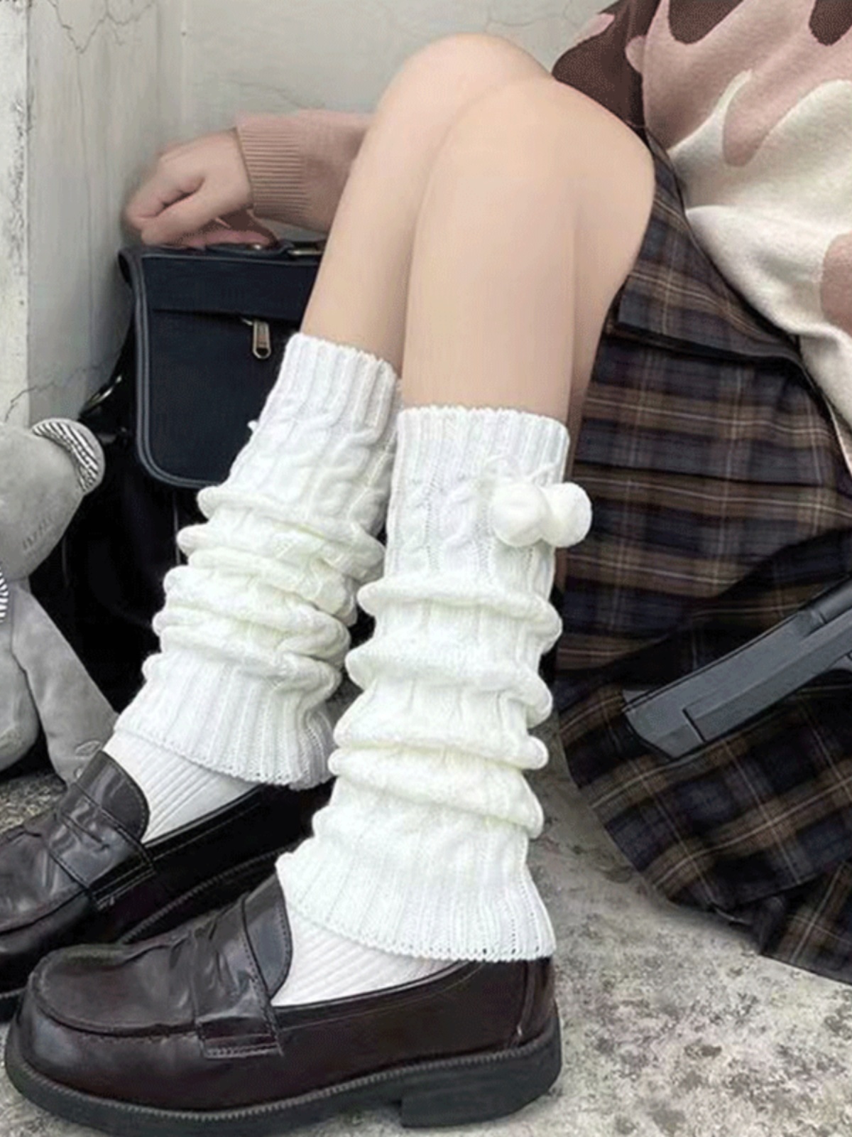 Thickened Warm White Mid-Calf Knitted Leg Warmers for Autumn & Winter - Japanese JK Style