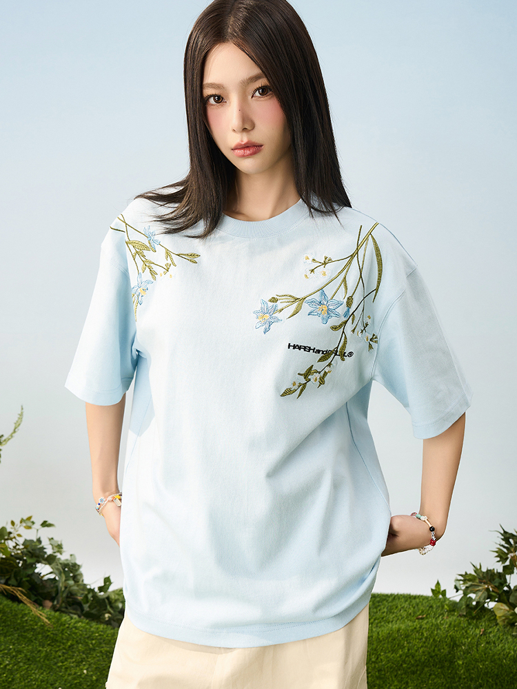 Thousand Needle Embroidery Monet Garden Series Versatile Loose Trendy Short Sleeve T-Shirt - Floral Print, Casual Style, Y2K Fashion