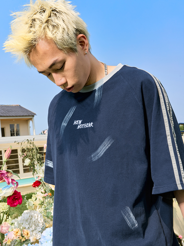 Three Stripes Letter Sports Leisure Short Sleeve T-Shirt - Vintage Loose Fit Unisex Style, 2025 Trendy Look