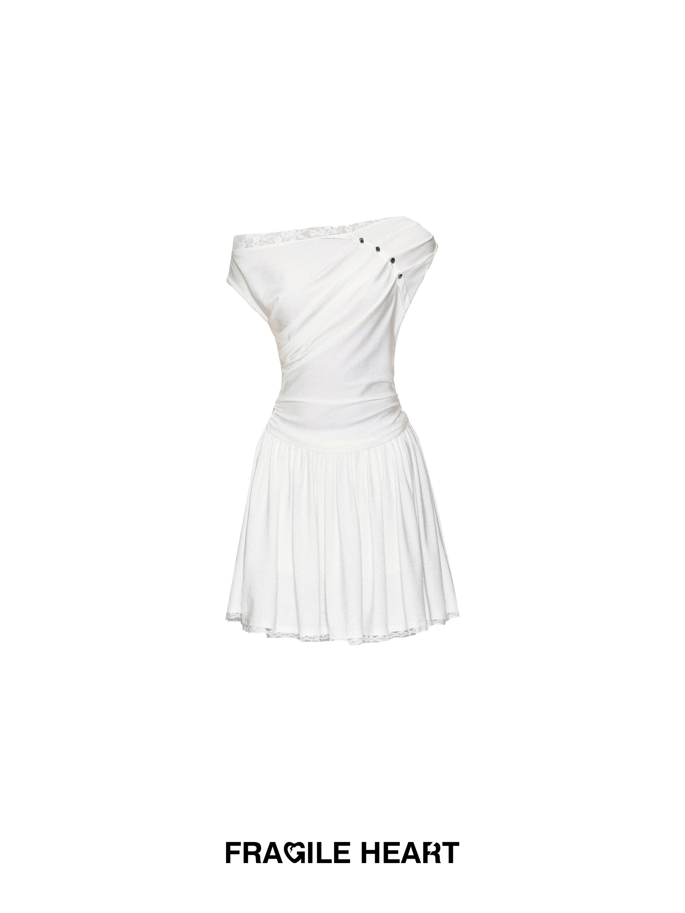 Tide Shell Pleated Asymmetrical Lace White Knitted Dress with Waistline - Trendy 90s Inspired Fashion Dress