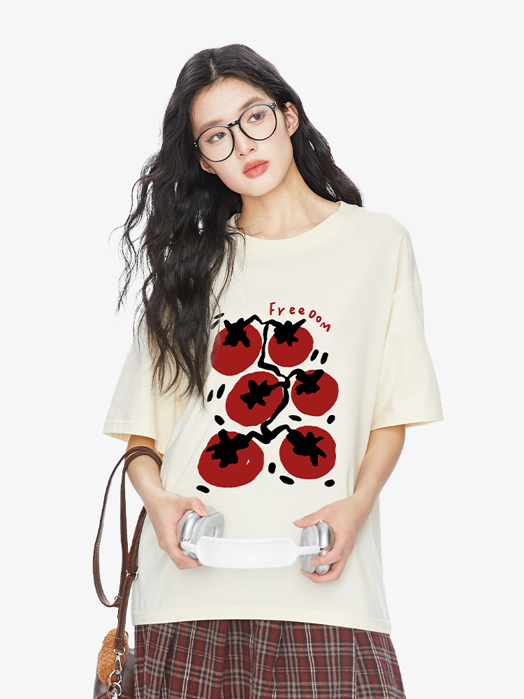 Tomato Print Short Sleeve T-Shirt for Women - Summer Versatile Pure Cotton Couple Top, Casual 90s Style Fashion Tee