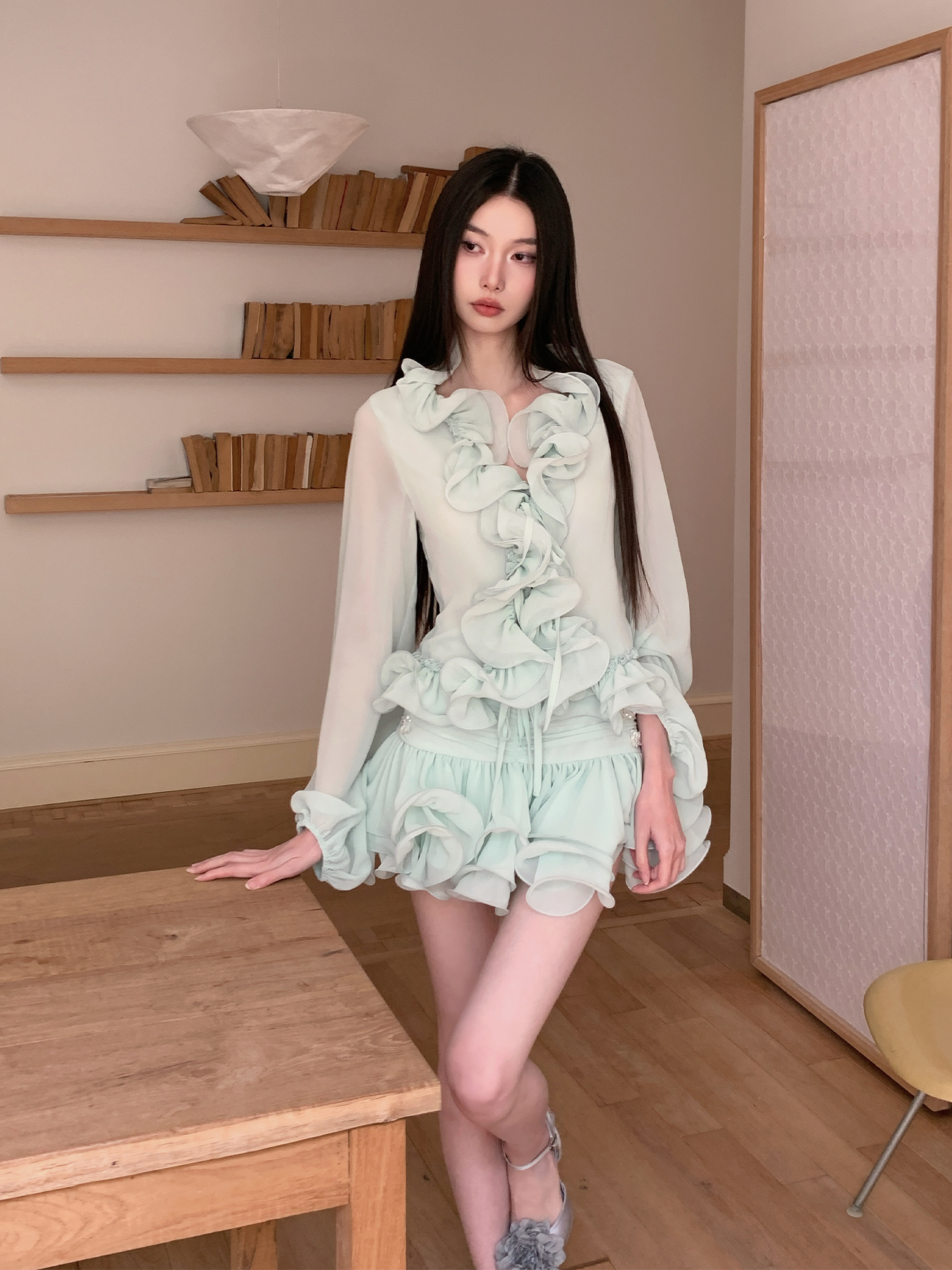Transparent Chiffon 3D Ruffled Cardigan and Short Skirt Set - Wizard of Oz Inspired Floral Design