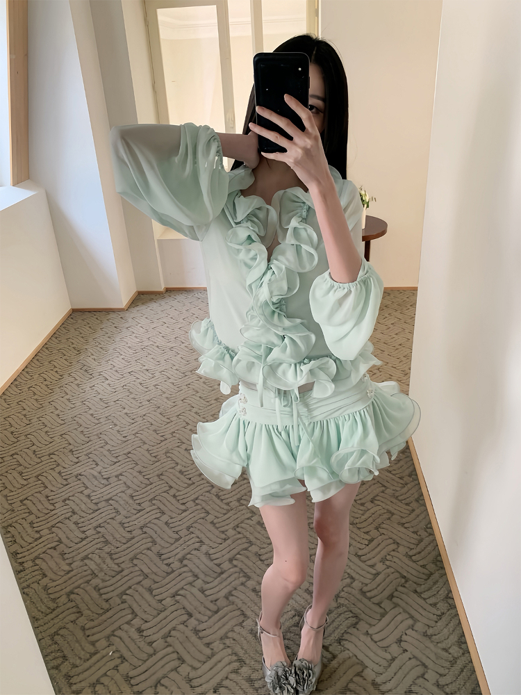 Transparent Chiffon 3D Ruffled Cardigan and Short Skirt Set - Wizard of Oz Inspired Floral Design
