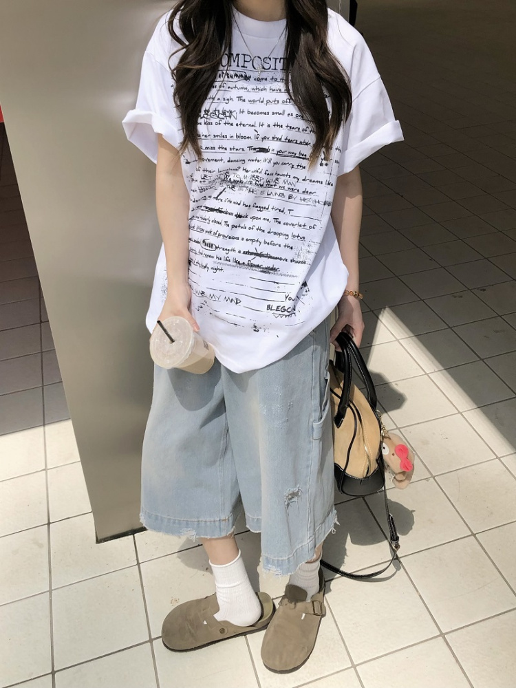 Trendy American Style All-Over Print Bullet Letter Short-Sleeve T-Shirt for Men and Women - Summer Loose Fit Couple Tee