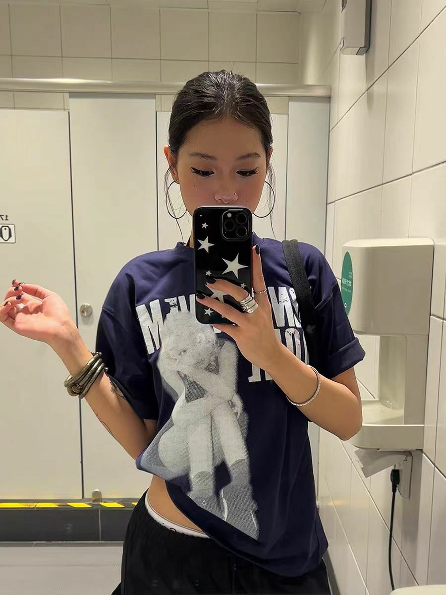 Trendy American-Style Portrait Printed Short-Sleeve T-Shirt for Women - Summer Loose Fit Pure Cotton Slimming Tee Top