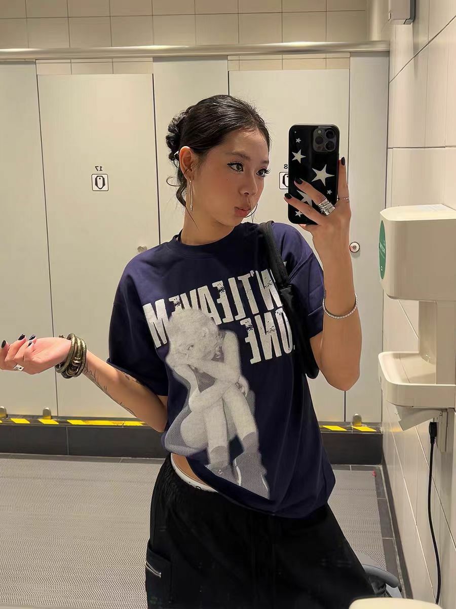 Trendy American-Style Portrait Printed Short-Sleeve T-Shirt for Women - Summer Loose Fit Pure Cotton Slimming Tee Top