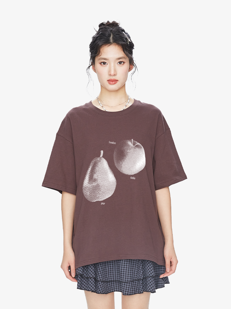 Trendy Blurred Fruit Print Short Sleeve Women's T-Shirt - American Style Summer 2025 Couple Top