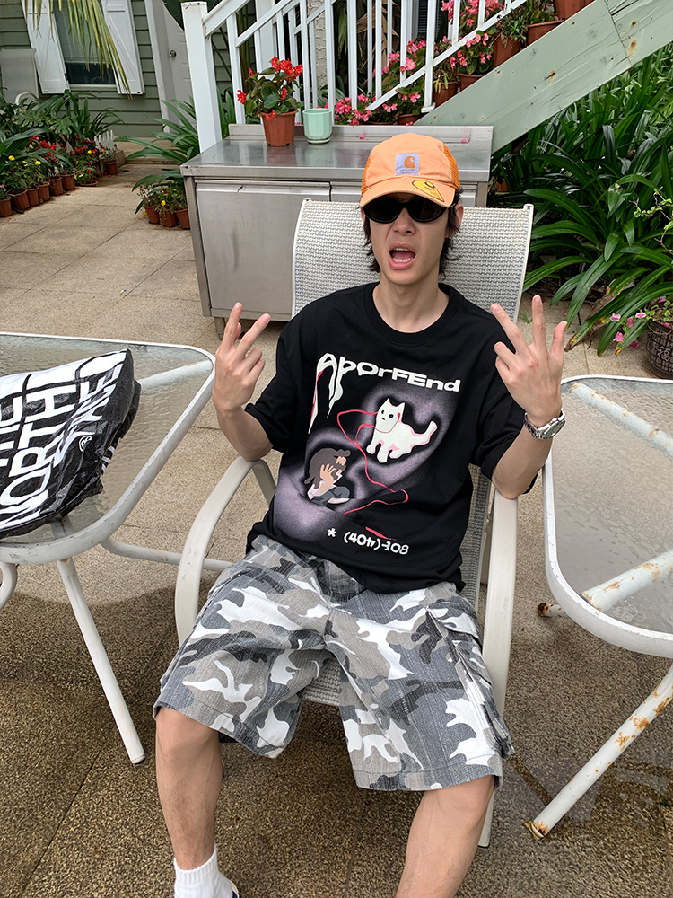 Trendy Cartoon Cat Headphones Short Sleeve T-Shirt for Men & Women, Summer Loose Fit High Street American Style, 90s Vibe