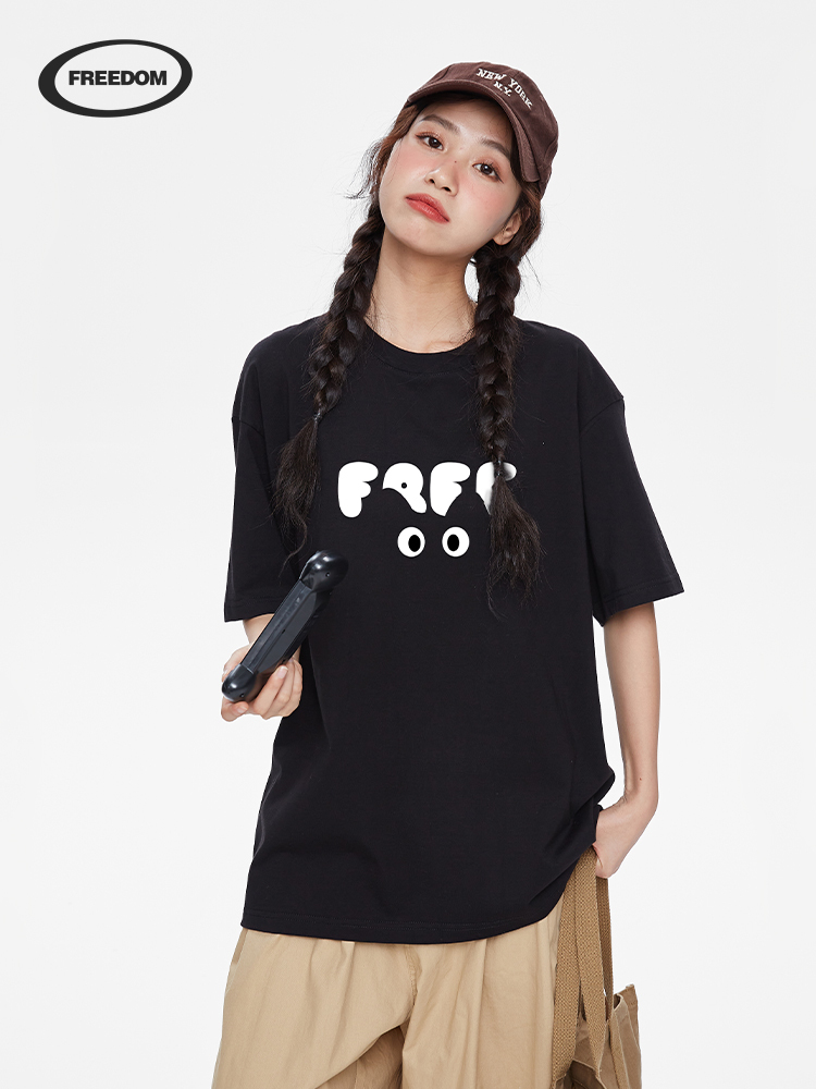 Trendy Cat Letter Print Black Short Sleeve Top for Women - Pure Cotton Spring Summer Half Sleeve Tee
