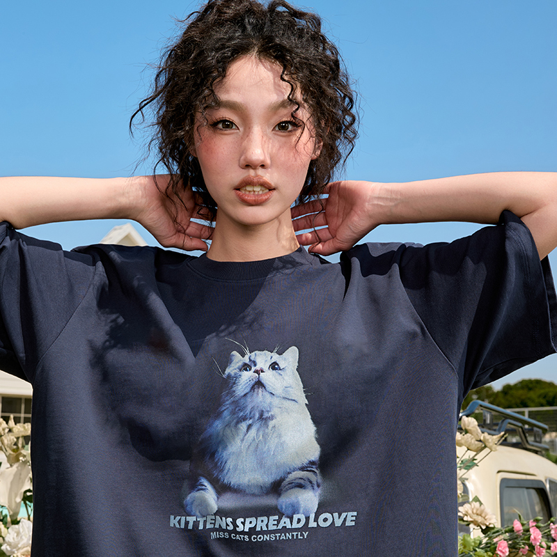Trendy Cat Print Short Sleeve T-Shirt for Couples, American Vintage Loose Fit, Unisex Summer Style 2025, Y2K Aesthetic
