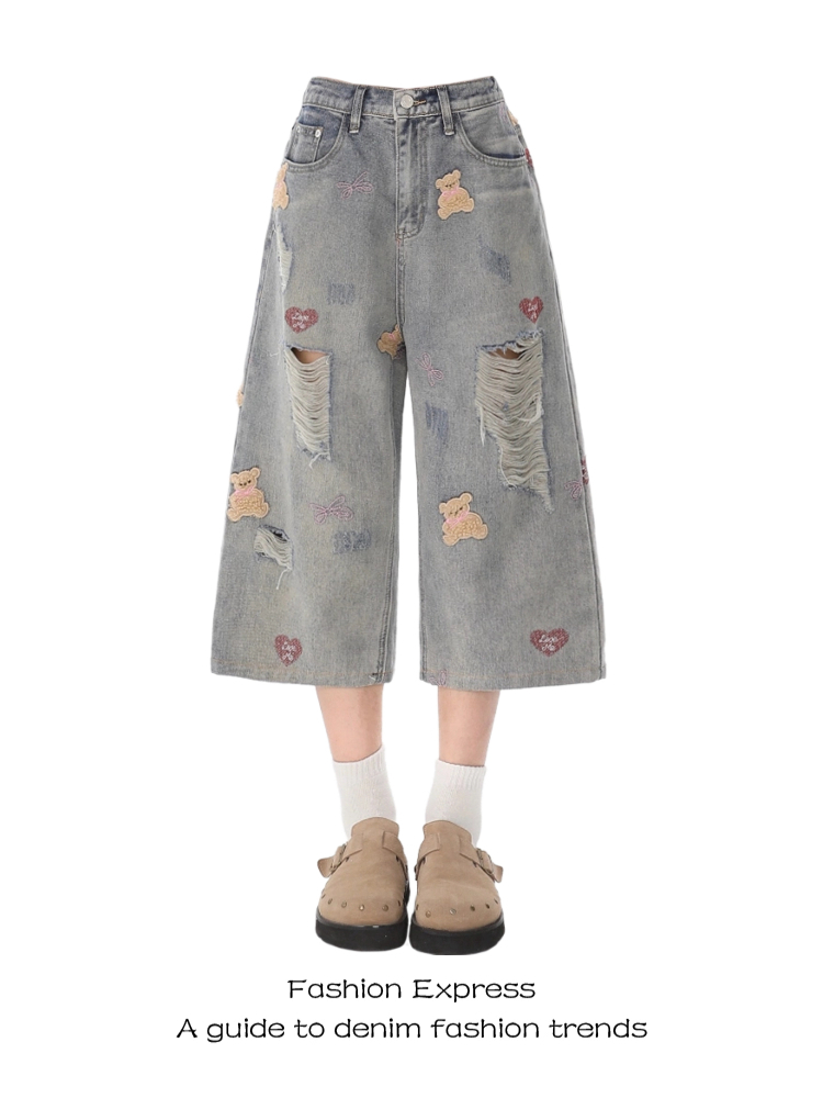 Trendy Cropped Ripped Denim Pants for Women, Hip Hop Style with Bear Embroidery, Summer 2025 Loose Fit Fashion