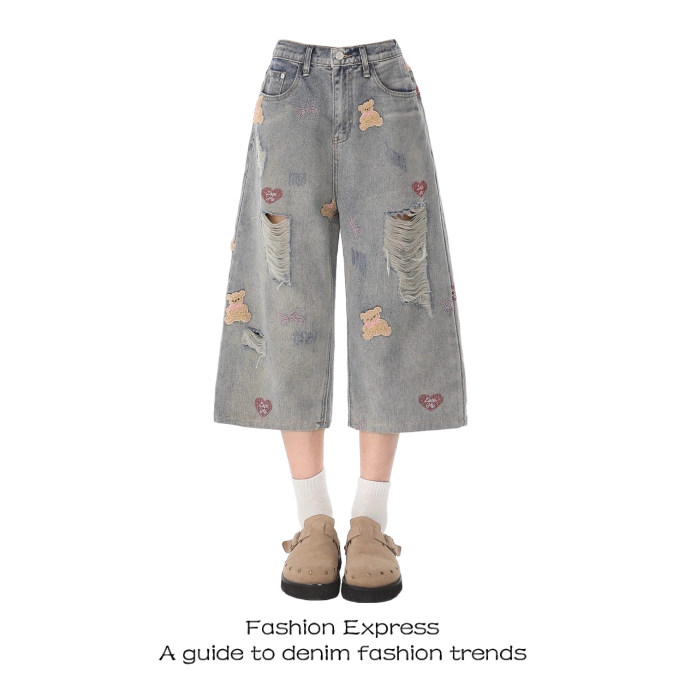 Trendy Cropped Ripped Denim Pants for Women, Hip Hop Style with Bear Embroidery, Summer 2025 Loose Fit Fashion