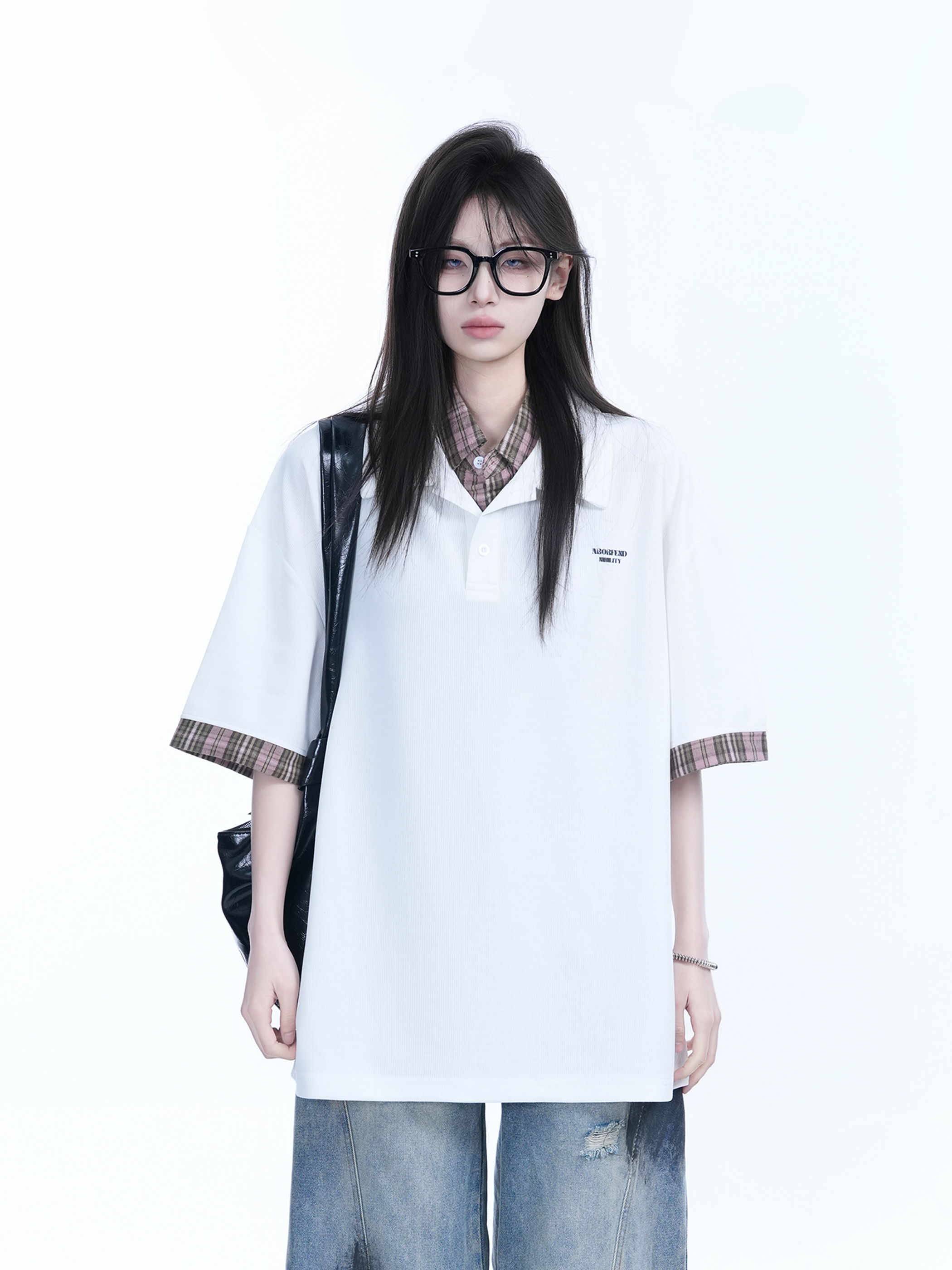 Trendy Fake Two-Piece Plaid Spliced Lapel Short Sleeve T-Shirt for Women - Loose Fit, Niche Design, Y2K Style