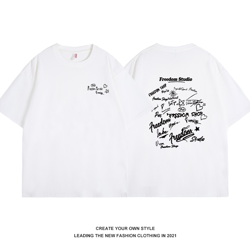 Trendy Hand-Drawn Letter Print Short Sleeve Couple T-Shirt for Women - 2025 Summer Breathable Pure Cotton Fashion Top