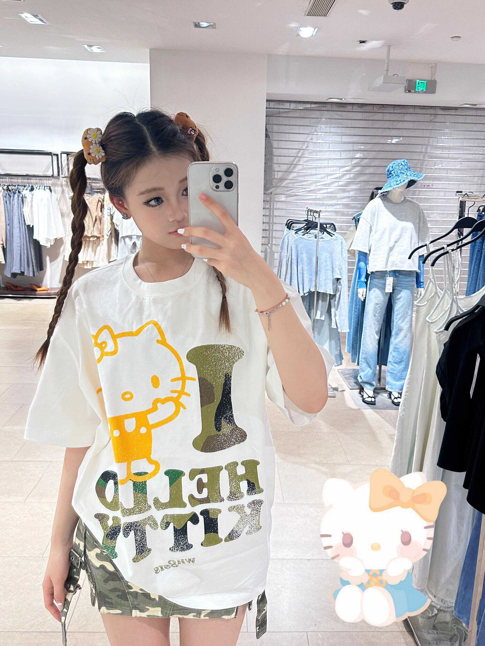 Trendy Korean Style Cute Kitty Casual Loose Heavyweight Pure Cotton Short Sleeve T-Shirt for Comfortable Everyday Wear