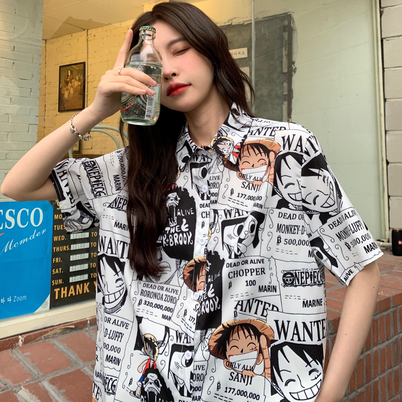 Trendy Loose-Fit Cartoon Print Short Sleeve Shirt for Summer - Versatile Hong Kong Style Top for Niche Girls and Students