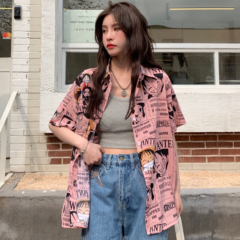 Trendy Loose-Fit Cartoon Print Short Sleeve Shirt for Summer - Versatile Hong Kong Style Top for Niche Girls and Students