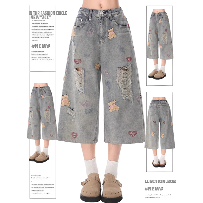 Trendy Ripped Denim Cropped Pants with Bear Embroidery for Women - Retro Loose Fit Summer Style 2025