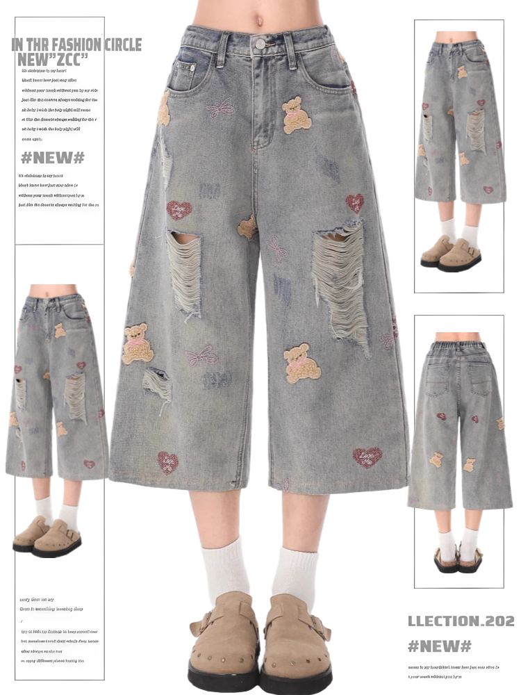 Trendy Ripped Denim Cropped Pants with Bear Embroidery for Women - Retro Loose Fit Summer Style 2025
