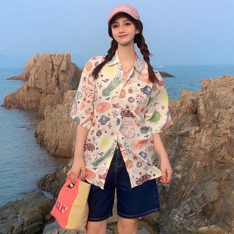Trendy Short Sleeve Floral Shirt for Women - Hawaiian Beach Style Loose Blouse, 2025 Fashion, Perfect for Summer and Y2K Vibes