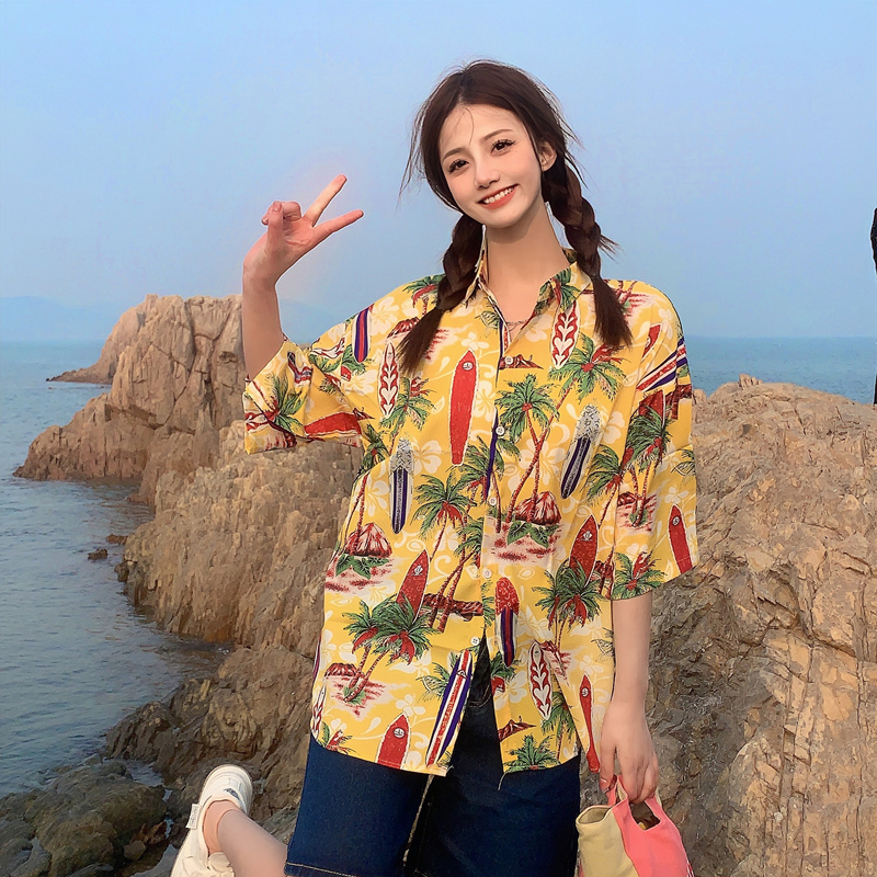 Trendy Short Sleeve Floral Shirt for Women - Hawaiian Beach Style Loose Blouse, 2025 Fashion, Perfect for Summer and Y2K Vibes