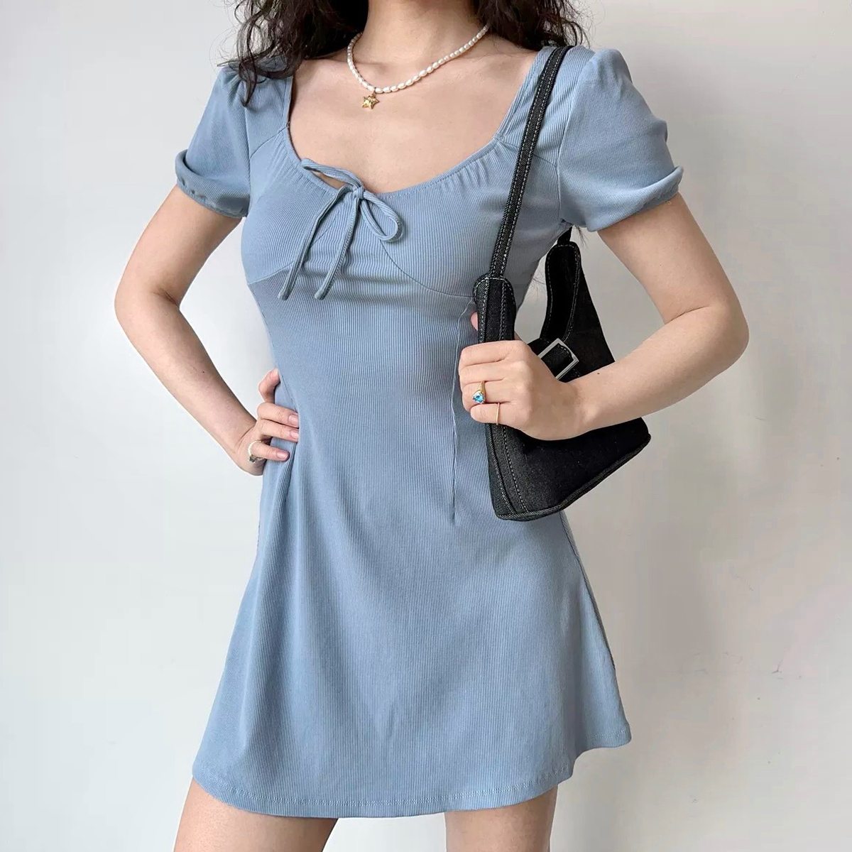 U-neck Puff Sleeve Bow Short Sleeve Dress - Slim A-line Skirt, European American Style, Trendy Women's Fashion, Perfect for Y2K Looks