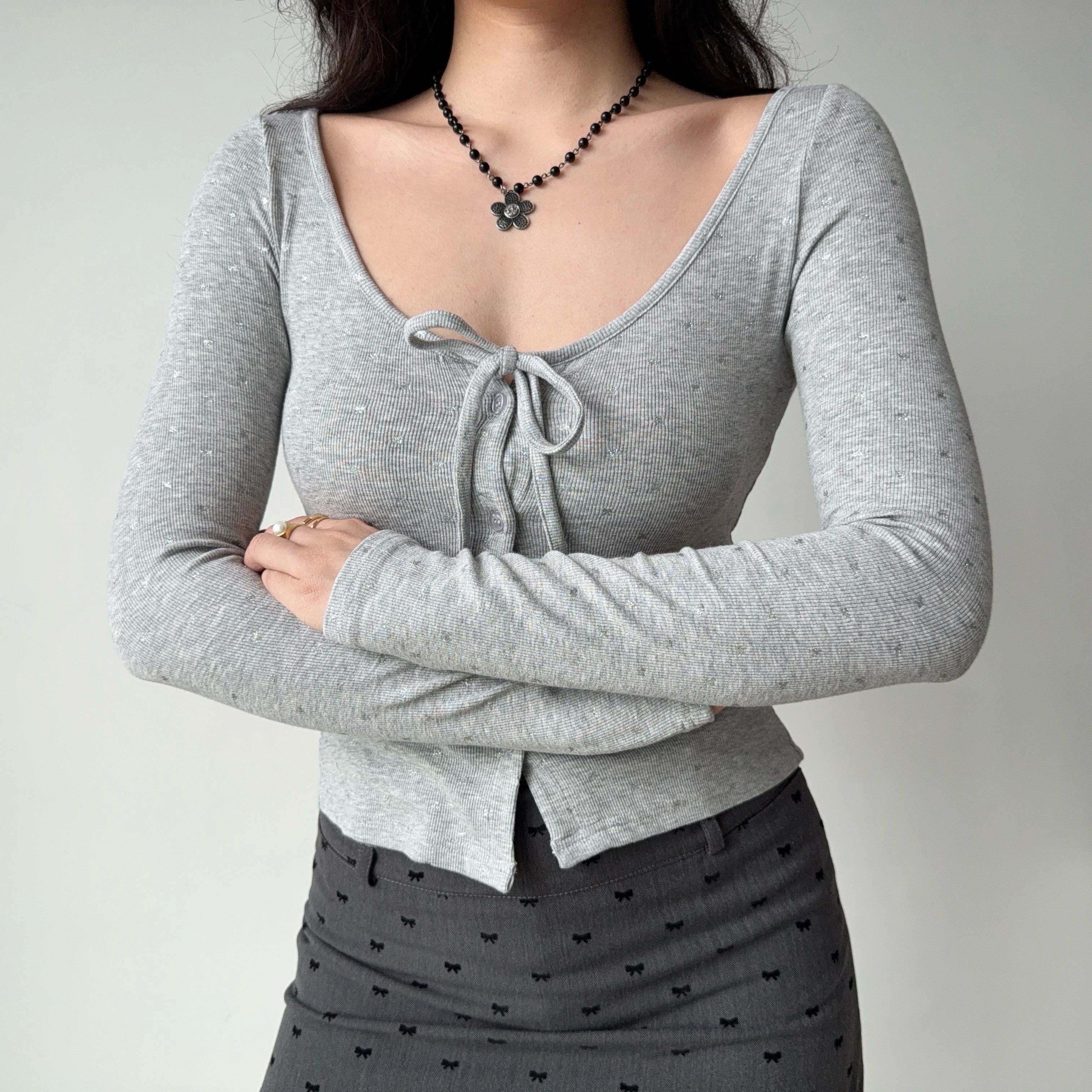 U-Neck Tie Bow Rhinestone Long Sleeve Cardigan T-Shirt - Women's European American Style, Casual Chic Top for Effortless Y2K Fashion