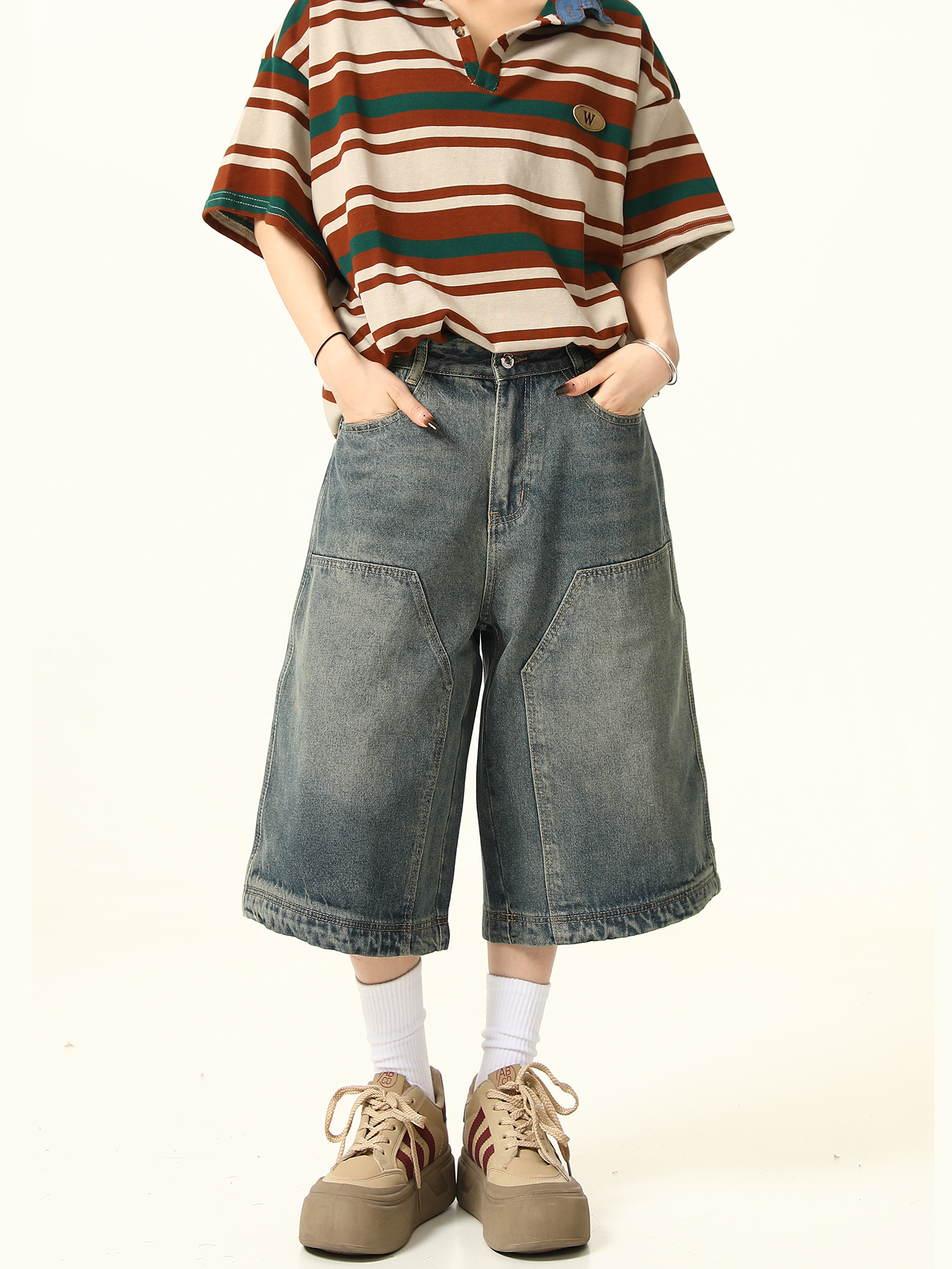 Unisex American Retro Washed Denim Shorts - Trendy Cropped Wide-Leg Straight-Leg Style for Streetwear Fashion