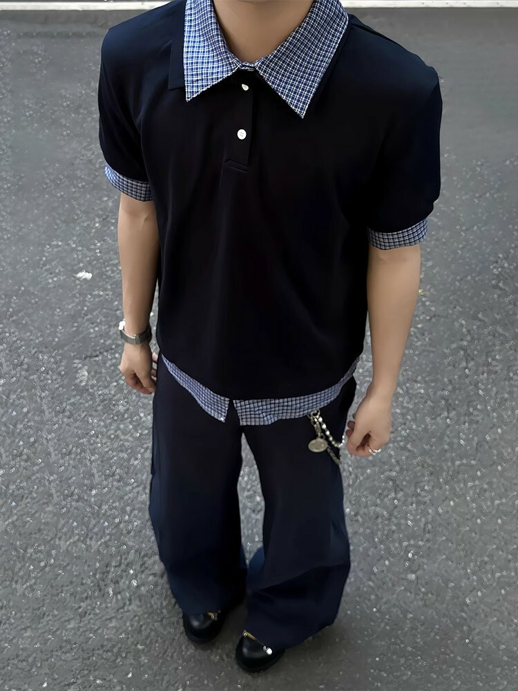 Unisex American-Style Plaid Polo Shirt - Spliced Faux Two-Piece, Loose Casual Short Sleeve for Summer Trend