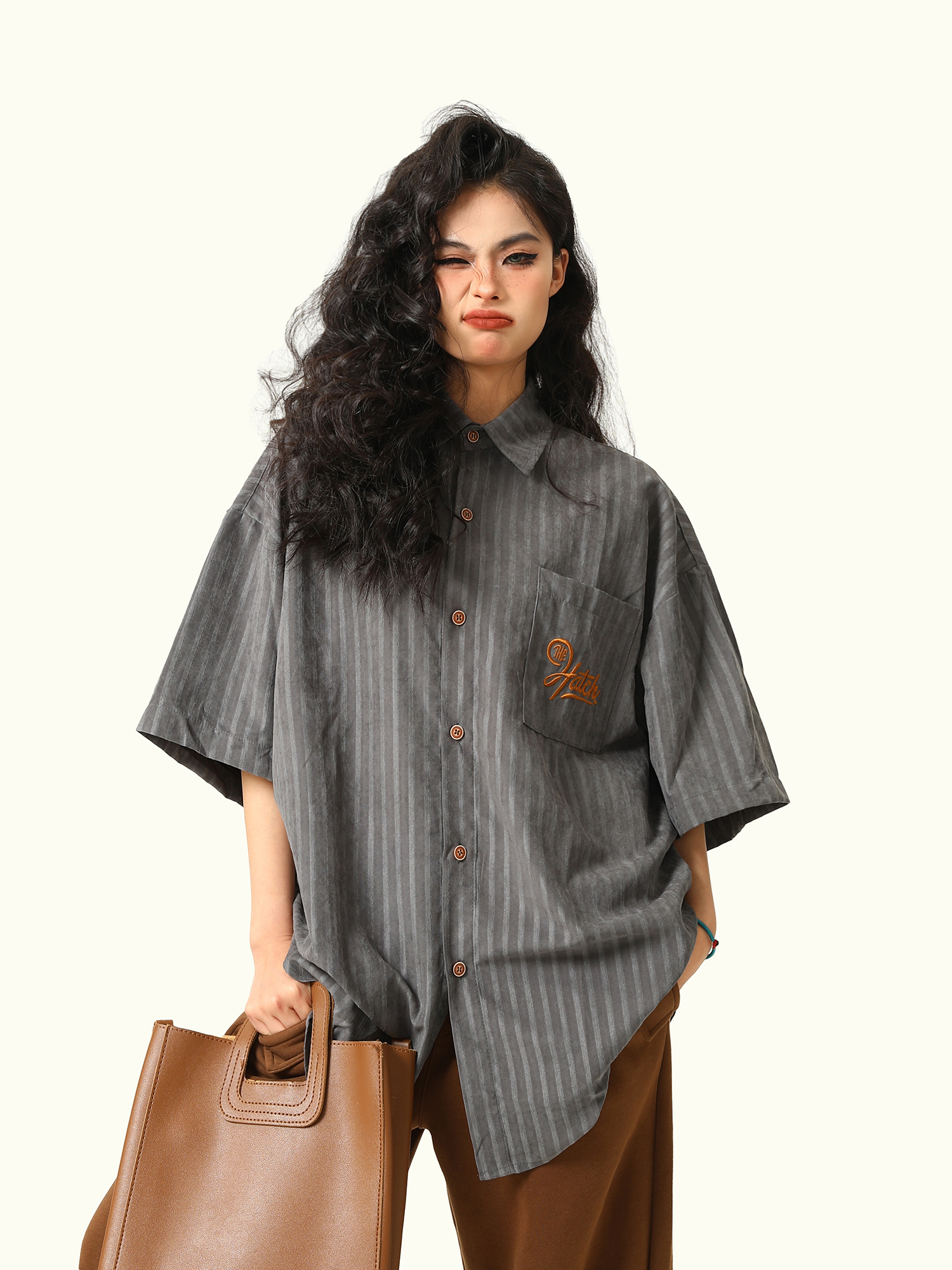 Unisex Deep Gray Short-Sleeve Work Shirt - Loose Fit American Style Summer Couples Top