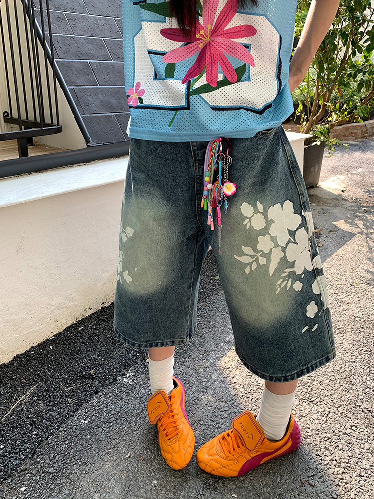 Unisex High Street Floral Print Washed Denim Shorts - Summer Straight Loose Wide-Leg 90s Style Seven-Point Pants