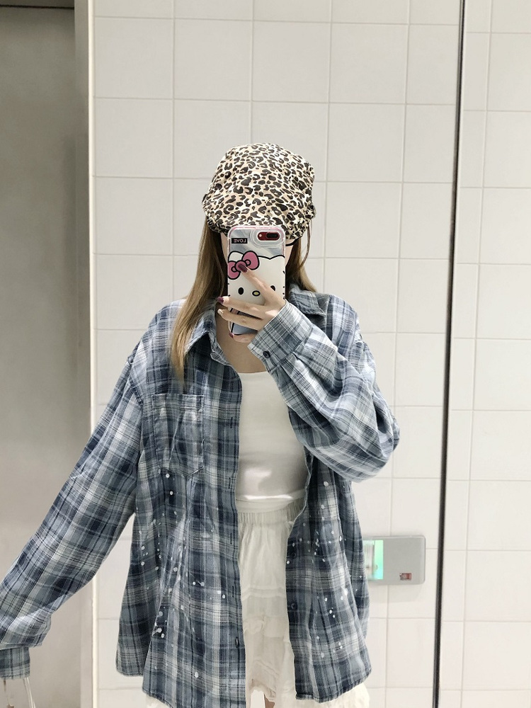 Unisex Long Sleeve Plaid Ink Splash Shirt Jacket - Vintage Loose Fit for Spring & Autumn, Perfect for 90s & Y2K Style