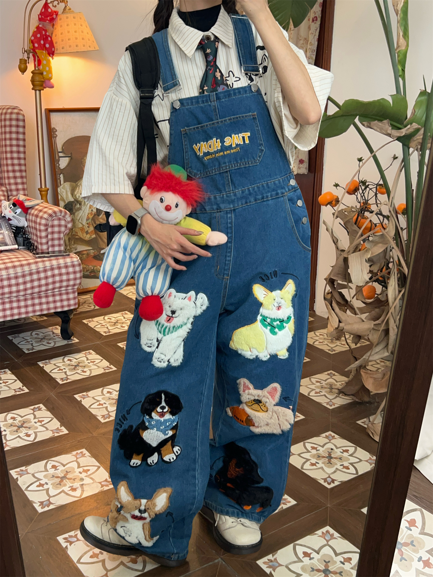 Unisex Loose Fit Denim Overalls with Fun Dog Print - Japanese Style Cute Jumpsuit for Men and Women - Vintage 90s Trend