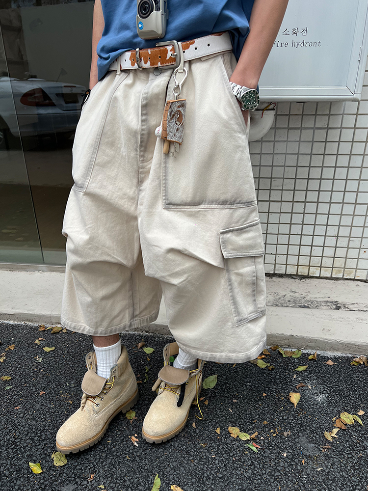 Unisex Loose Pleated Wide-Leg Seven-Point Workwear Shorts with Large Pockets - Summer Casual Fashion