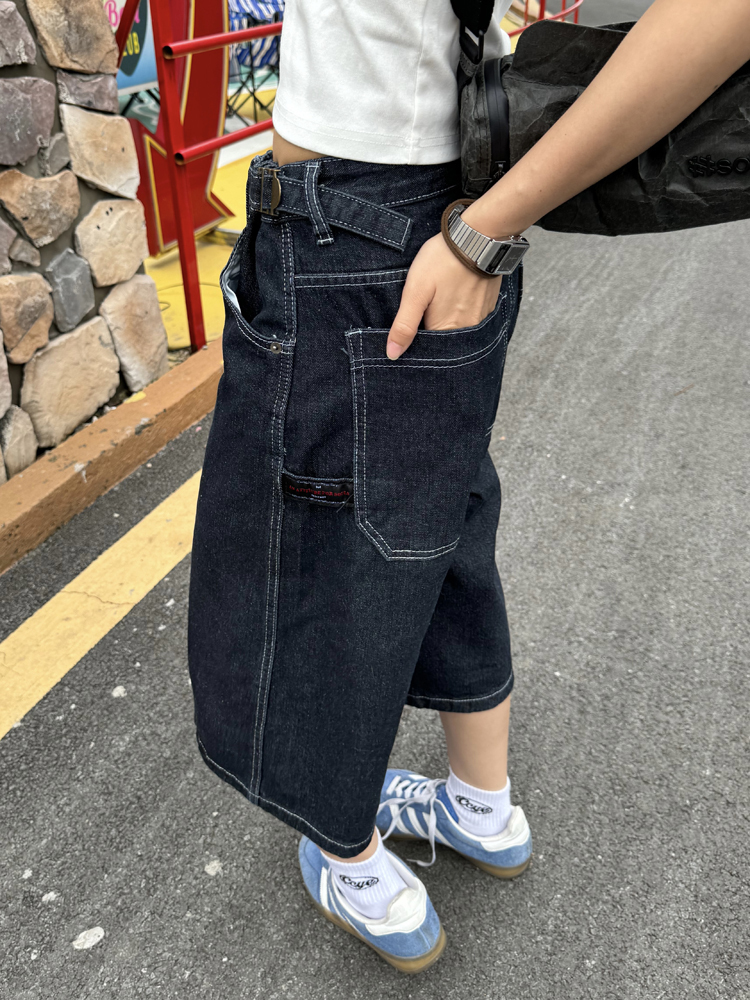 Unisex Retro American Denim 7-Point Wide-Leg Shorts - Trendy Loose Fit Summer Streetwear for a Casual Look