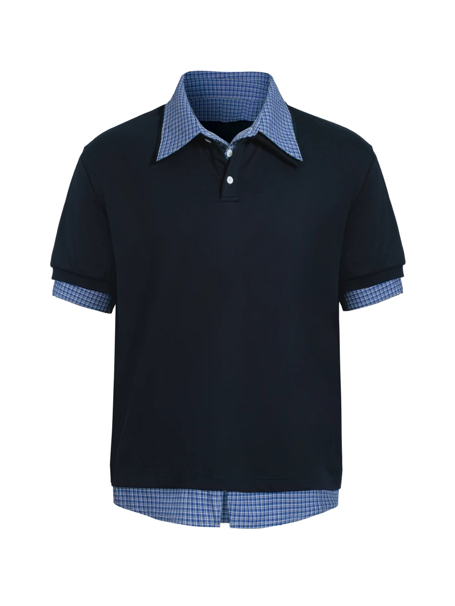 Unisex Spliced Plaid Polo Short Sleeve Shirt - American Style Loose T-Shirt Top for Summer, High-End Fashion