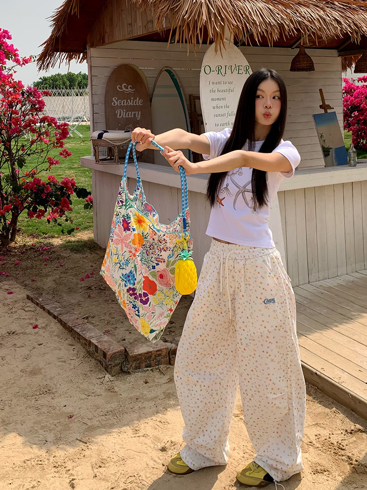 Unisex Star Print Drawstring Wide-Leg Pants - Casual Loose Fit Straight-Leg Trousers for Y2K American Style