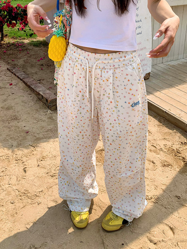 Unisex Star Print Drawstring Wide-Leg Pants - Casual Loose Fit Straight-Leg Trousers for Y2K American Style
