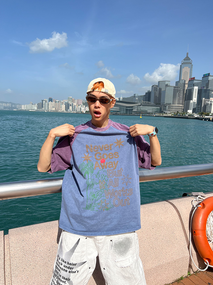 Unisex Summer Washed Letter Print Raglan T-Shirt, Casual Loose Fit Top, 90s American Style Short Sleeve Tee for Men and Women