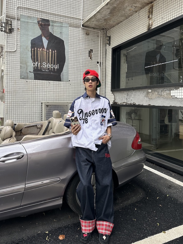 Unisex Vertical Striped Short Sleeve Shirt with Cartoon Embroidery, Color-Blocking, College Style, Baseball Inspired, Casual Fashion