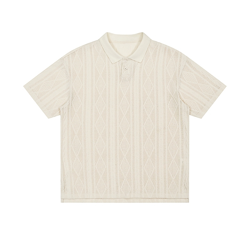 Unisex Vintage American-Style Textured Jacquard Polo Shirt - Summer Loose Casual Short Sleeve for Men & Women
