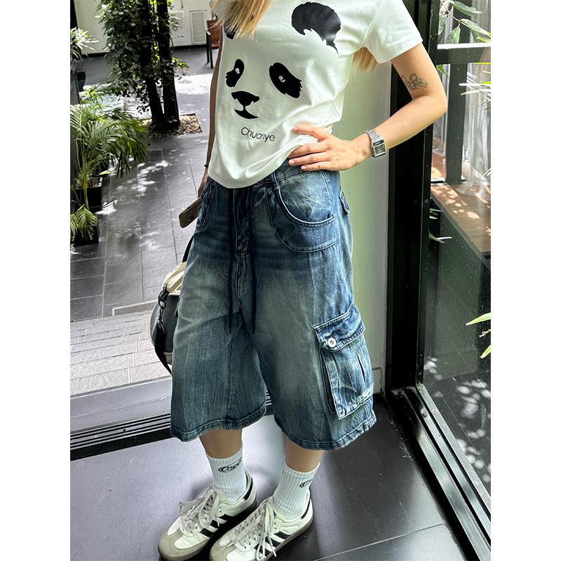 Unisex Vintage Street Style Multi-Pocket Denim Capri Pants - Summer Thin American Washed Loose Fit