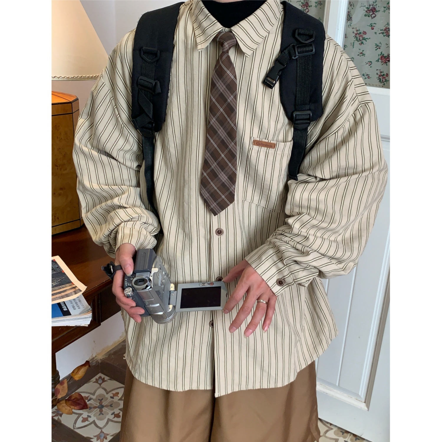 Unisex Vintage Striped Long Sleeve Shirt - Handmade Versatile Tie Top for Spring & Autumn, Relaxed Fit Fashion Essential
