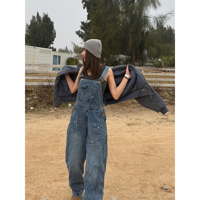 Unisex Water-Washed Denim Overalls - Retro Loose Straight-Leg Design for Men and Women, Street Style Bamboo Joint Spray Ink