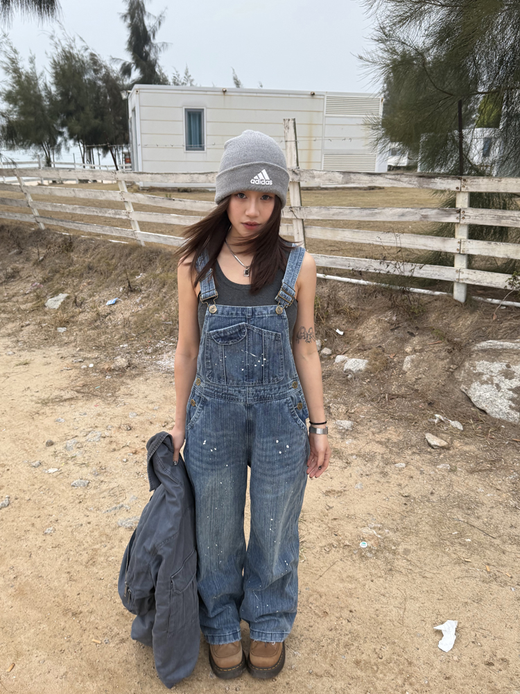 Unisex Water-Washed Denim Overalls - Retro Loose Straight-Leg Design for Men and Women, Street Style Bamboo Joint Spray Ink