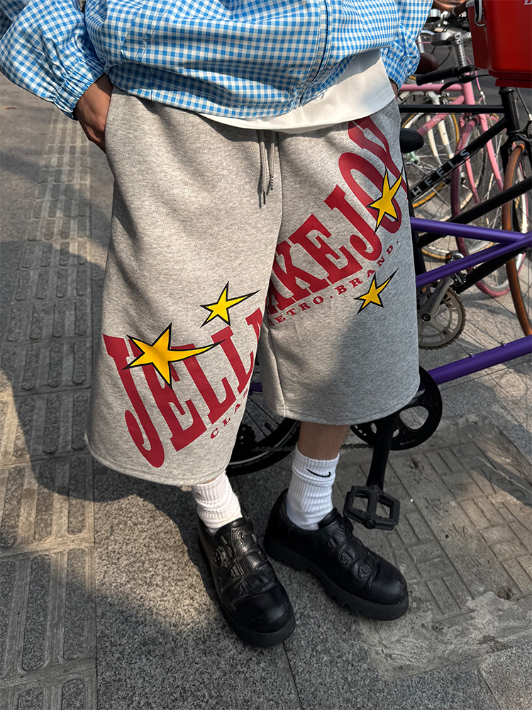 Unisex Wide-Leg Seven-Point Pants with Vintage Star Letter Print - Casual Loose Fit Summer Shorts