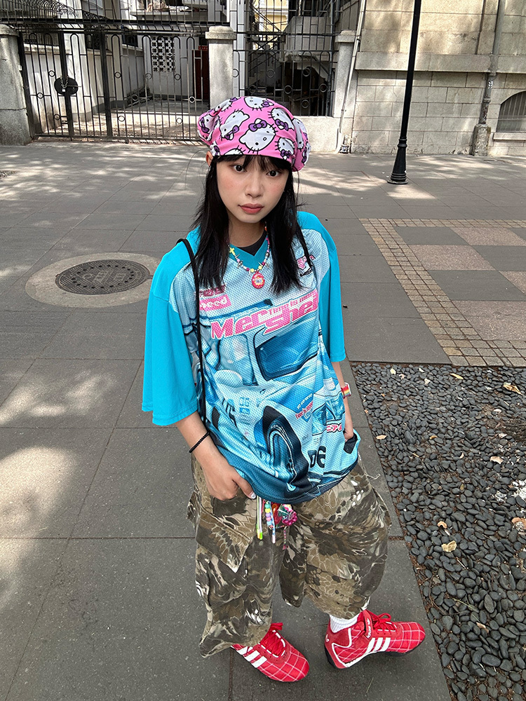 V-Neck Racing Print Spliced Mesh Short Sleeve Jersey T-Shirt - Unisex Loose High Street American Style Fashion Top